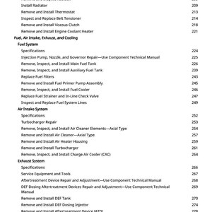 May include: A detailed technical manual page with a list of automotive repair procedures, including engine cooling, fuel system, air intake, exhaust, and aftertreatment systems. The page includes numbered procedures.