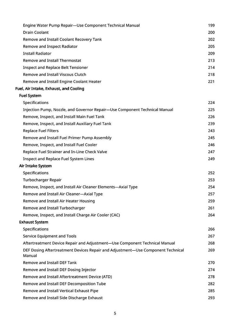 May include: A detailed technical manual page with a list of automotive repair procedures, including engine cooling, fuel system, air intake, exhaust, and aftertreatment systems. The page includes numbered procedures.