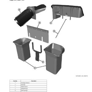 May include: An exploded diagram of a lawn mower bagger and hopper assembly. The image shows various parts labeled A through F, including a discharge chute, shield, hopper top, gusset rod, post frame, and grass bag. The text "Assembly" and "Identify Parts" are also visible.