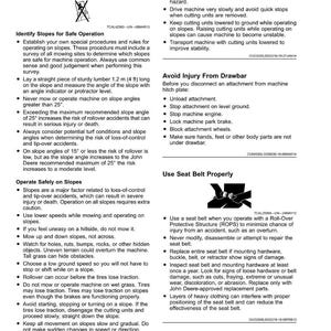 May include: A safety manual page with text and diagrams. Topics include avoiding tips, safe slope operation, and seat belt use. The page features warnings and instructions for machinery operation.