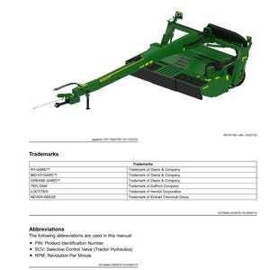May include: A detailed product view of a green agricultural machine. The machine has a long arm and a cutting blade. The image includes text that says "General Information" and "Product View".
