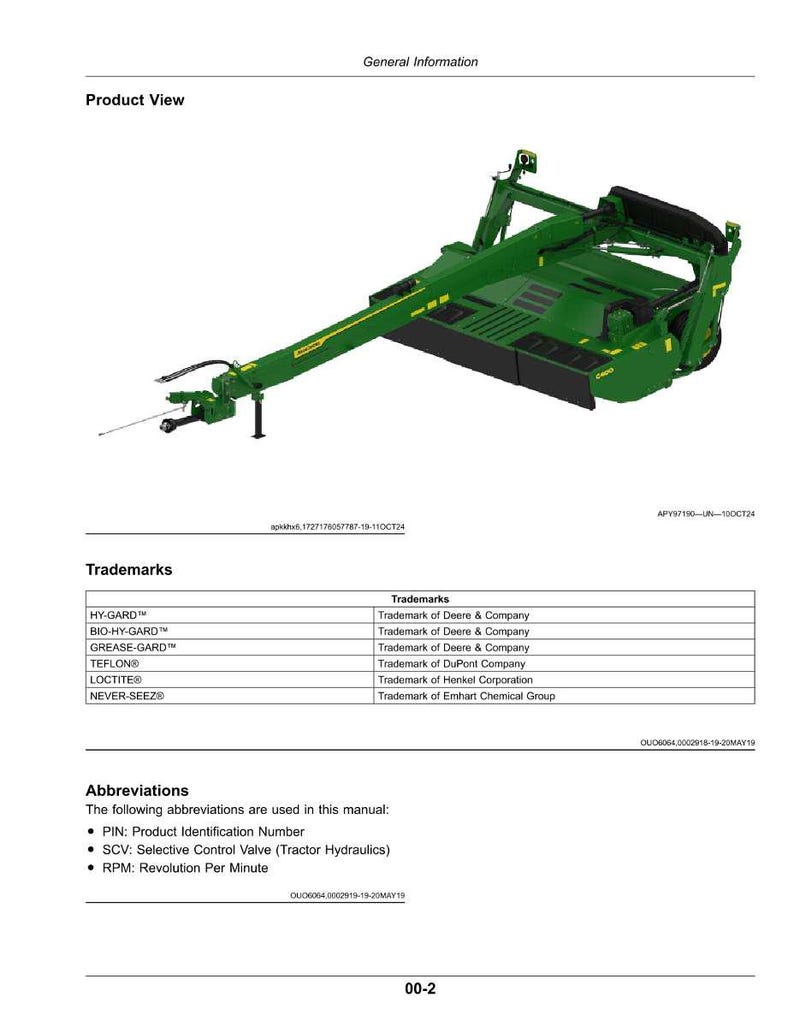 May include: A detailed product view of a green agricultural machine. The machine has a long arm and a cutting blade. The image includes text that says "General Information" and "Product View".