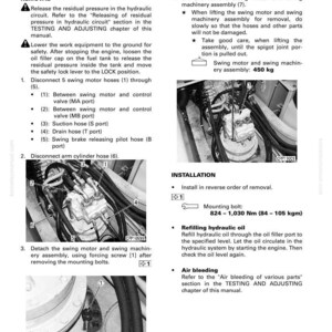 May include: A page from a technical manual showing the removal and installation of a swing motor and swing machinery assembly. Includes diagrams, instructions, and specifications. The assembly weighs 450 kg.