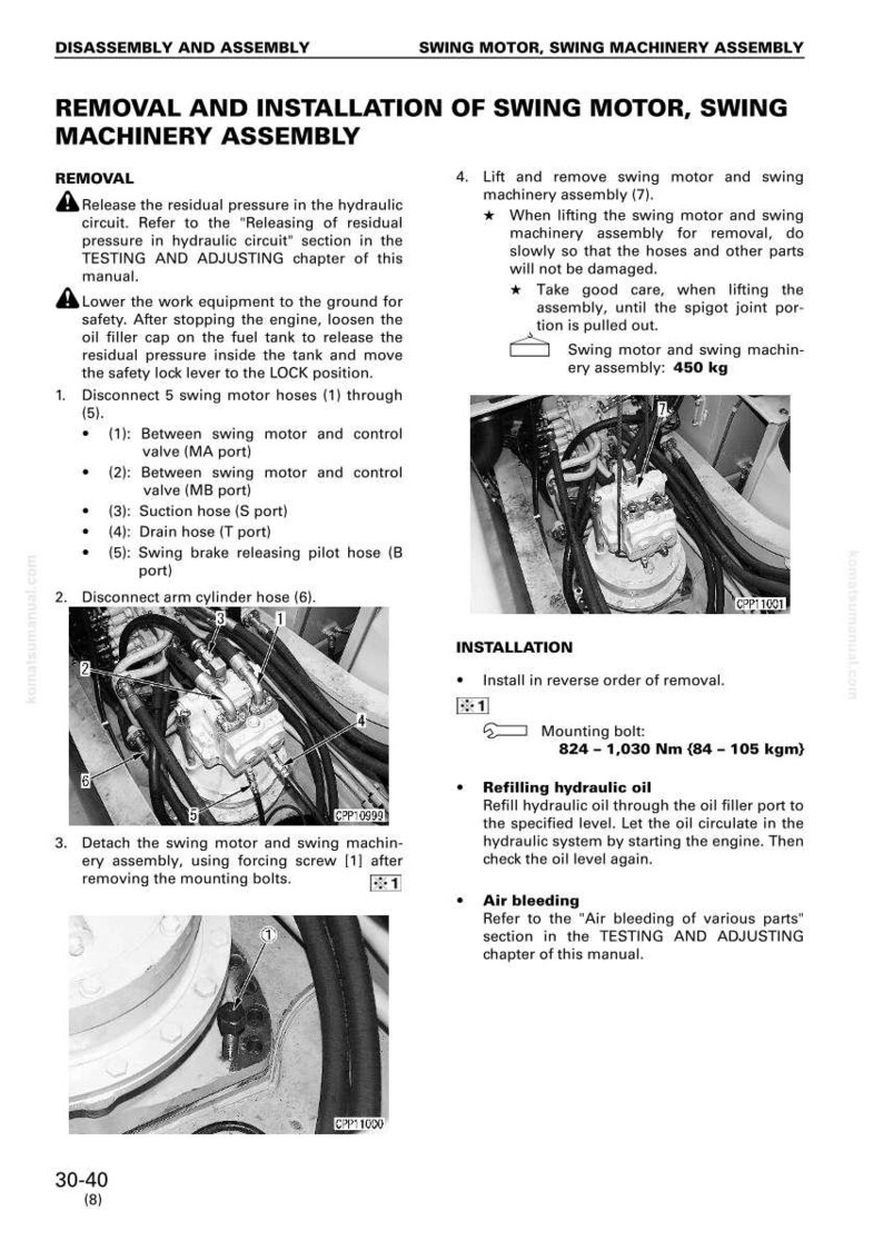 May include: A page from a technical manual showing the removal and installation of a swing motor and swing machinery assembly. Includes diagrams, instructions, and specifications. The assembly weighs 450 kg.