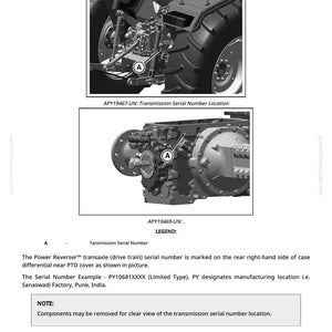 May include: Diagram showing the transaxle serial number location on a tractor. The image includes close-up views of the tractor's mechanical components, with labels and arrows pointing to the serial number location. Text provides details about the serial number.