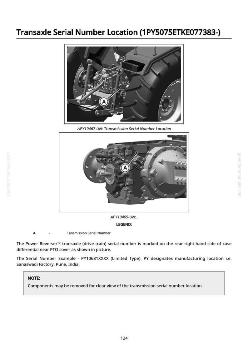 May include: Diagram showing the transaxle serial number location on a tractor. The image includes close-up views of the tractor's mechanical components, with labels and arrows pointing to the serial number location. Text provides details about the serial number.