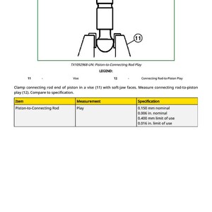 May include: Diagram of a piston-to-connecting rod play measurement. The image includes a vise (11) holding a connecting rod end, with a measurement point (12) indicated. Specifications include 0.150 mm nominal and 0.006 in. nominal.