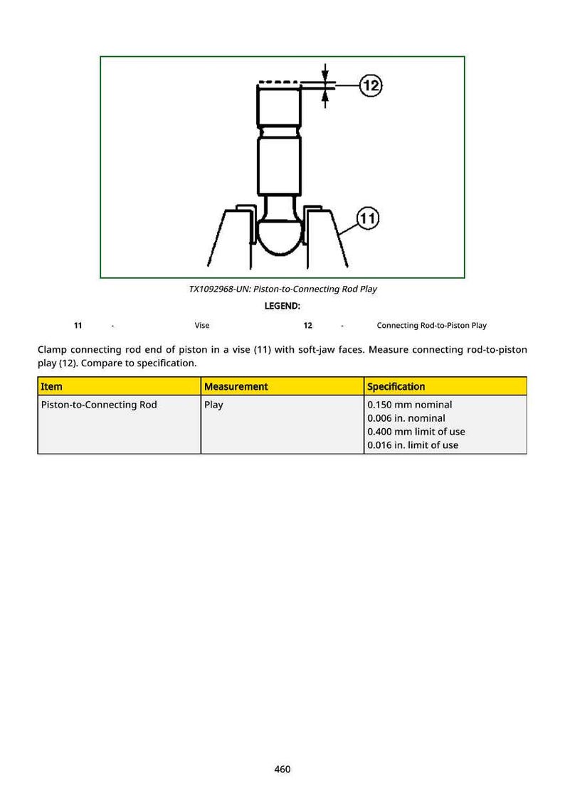 May include: Diagram of a piston-to-connecting rod play measurement. The image includes a vise (11) holding a connecting rod end, with a measurement point (12) indicated. Specifications include 0.150 mm nominal and 0.006 in. nominal.