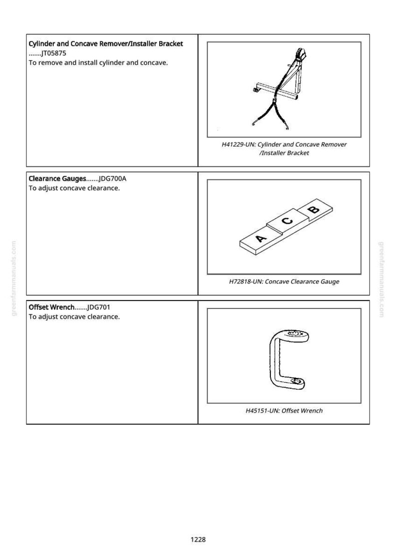 Puede incluir: Una p&aacute;gina de un manual que muestra tres herramientas: un soporte de extracci&oacute;n/instalaci&oacute;n de cilindro y c&oacute;ncavo, un medidor de holgura c&oacute;ncava y una llave offset. Las herramientas son dibujos lineales en blanco y negro.