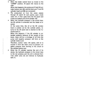 May include: A technical diagram from a manual, detailing the flow of oil in a work equipment control circuit. The text explains the function of components like the lift spool, pump port, and hydraulic tank. The diagram is in black and white.
