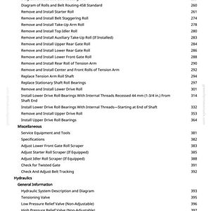 May include: A detailed table of contents from a manual, listing service equipment, hydraulics, and diagnosing malfunctions. The text is in black on a white background, with page numbers on the right.