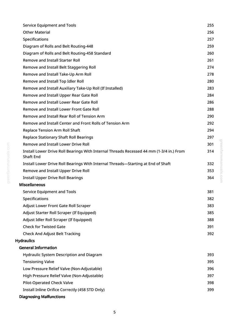 May include: A detailed table of contents from a manual, listing service equipment, hydraulics, and diagnosing malfunctions. The text is in black on a white background, with page numbers on the right.