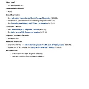 May include: A white document with black text detailing a sensor fault. The text includes information on alarm levels, circuit information, component location, and possible causes. The document is titled "Right Joystick X Axis Position Sensor Fault."