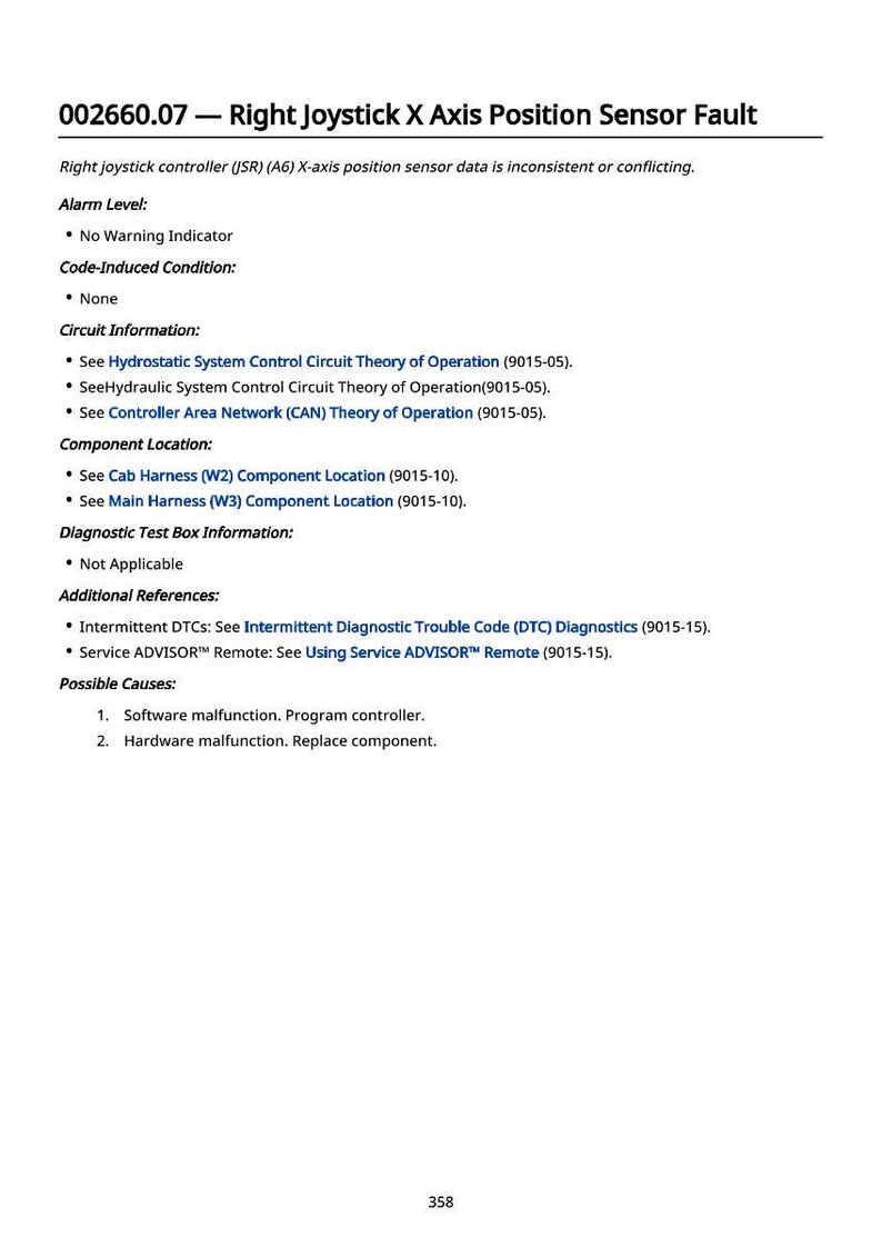 May include: A white document with black text detailing a sensor fault. The text includes information on alarm levels, circuit information, component location, and possible causes. The document is titled "Right Joystick X Axis Position Sensor Fault."