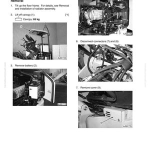 May include: A grayscale diagram illustrating the removal and installation of a floor frame assembly. The image includes numbered steps with corresponding images, such as removing the battery and disconnecting connectors. Text includes "Disassembly and assembly" and "Removal and installation of floor frame assembly."