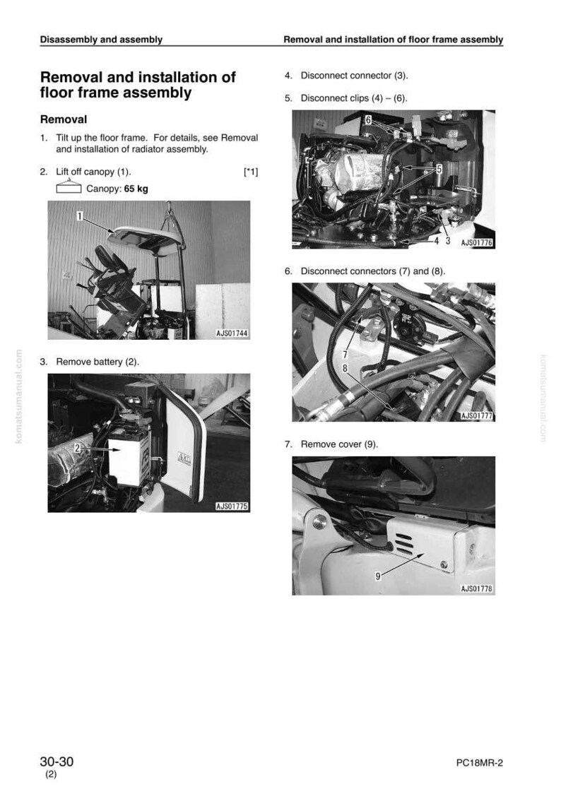 May include: A grayscale diagram illustrating the removal and installation of a floor frame assembly. The image includes numbered steps with corresponding images, such as removing the battery and disconnecting connectors. Text includes "Disassembly and assembly" and "Removal and installation of floor frame assembly."