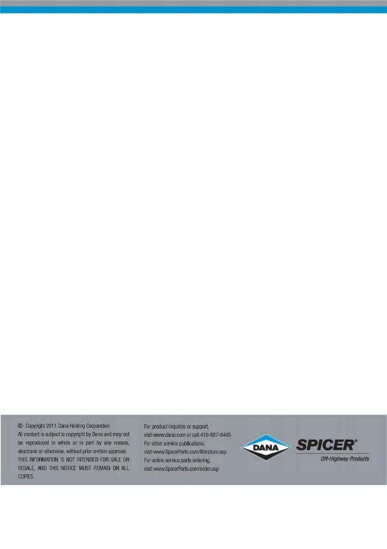 May include: A white background with a blue stripe at the top and a gray banner at the bottom. The banner contains the Dana and Spicer logos, and text about product inquiries and copyright information.
