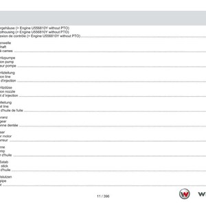 May include: A page from a manual with a table of contents in German, English, and French. The table lists engine components such as the control housing, camshaft, injection pump, and oil sump. The Weidemann logo is in the bottom right corner.