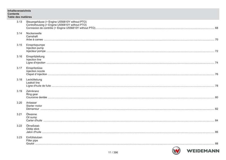 May include: A page from a manual with a table of contents in German, English, and French. The table lists engine components such as the control housing, camshaft, injection pump, and oil sump. The Weidemann logo is in the bottom right corner.