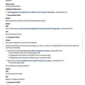 May include: A page from a manual detailing fuel level sensor diagnostics. The text includes instructions for intermittent checks, connector checks, and component checks, with references to specific components and procedures.