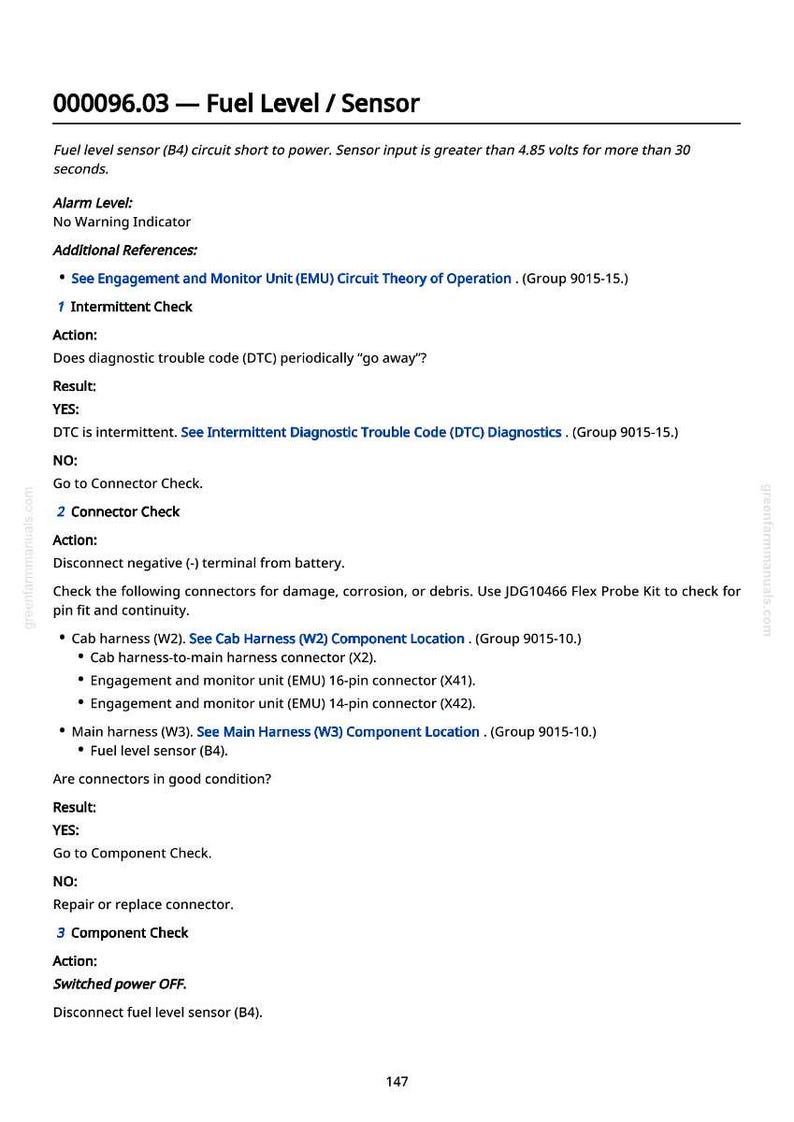 May include: A page from a manual detailing fuel level sensor diagnostics. The text includes instructions for intermittent checks, connector checks, and component checks, with references to specific components and procedures.