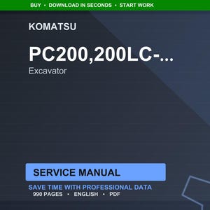 K&ouml;nnte beinhalten: Digitales Servicehandbuch f&uuml;r einen Komatsu PC200,200LC Bagger. Der Titel wird in gro&szlig;em wei&szlig;en Text vor einem dunkelblauen Hintergrund angezeigt. Das Handbuch tr&auml;gt die Bezeichnung "Servicehandbuch" und umfasst 990 Seiten mit professionellen Daten.