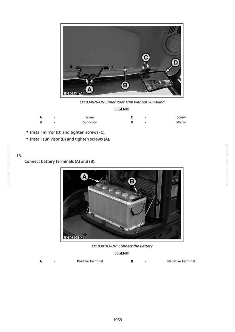May include: Diagram of car interior components, including a mirror, sun visor, and screws. The image also shows a car battery with positive and negative terminals. Text labels identify parts and instructions.