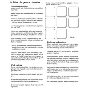 May include: A page from a safety manual titled "Working in Safety." It includes rules, instructions, and diagrams. The text covers topics like protective clothing, machine operation, and work clothes.