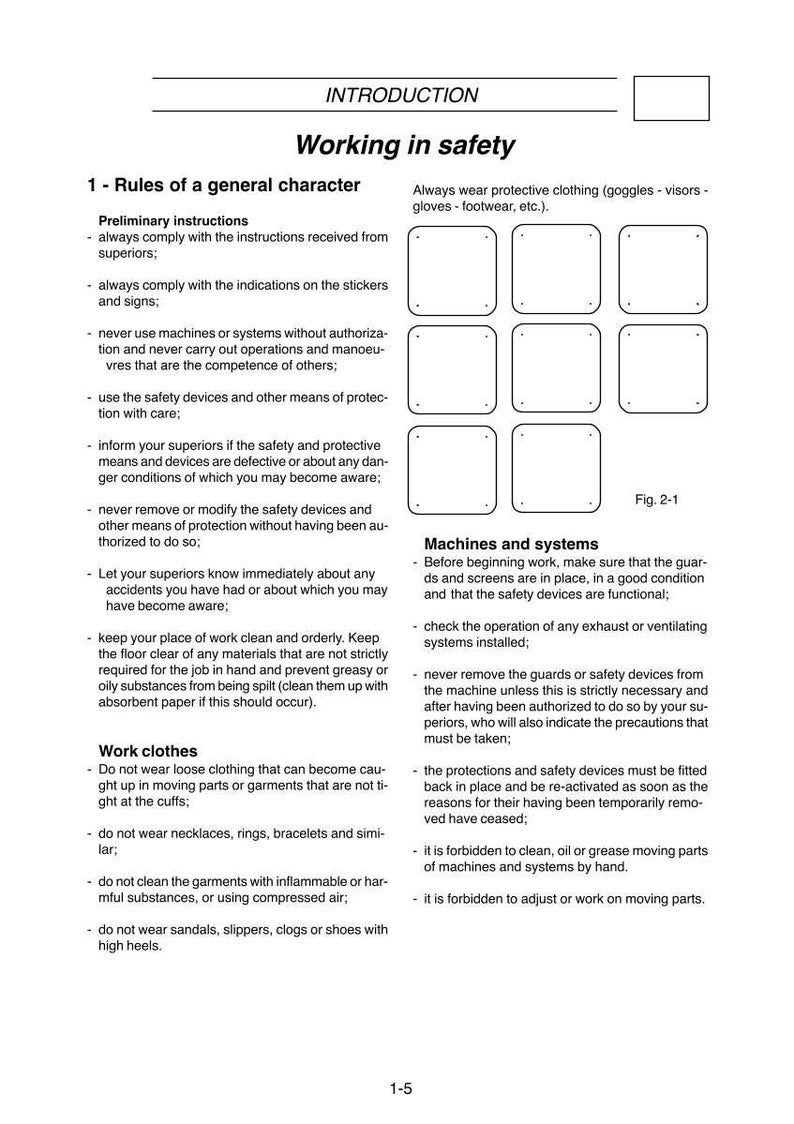 May include: A page from a safety manual titled "Working in Safety." It includes rules, instructions, and diagrams. The text covers topics like protective clothing, machine operation, and work clothes.