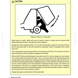 May include: Diagram from a manual showing safety instructions for a pickup mechanism. The image includes a warning symbol, a diagram of a closing gate, and text detailing safety precautions, including measurements in inches.