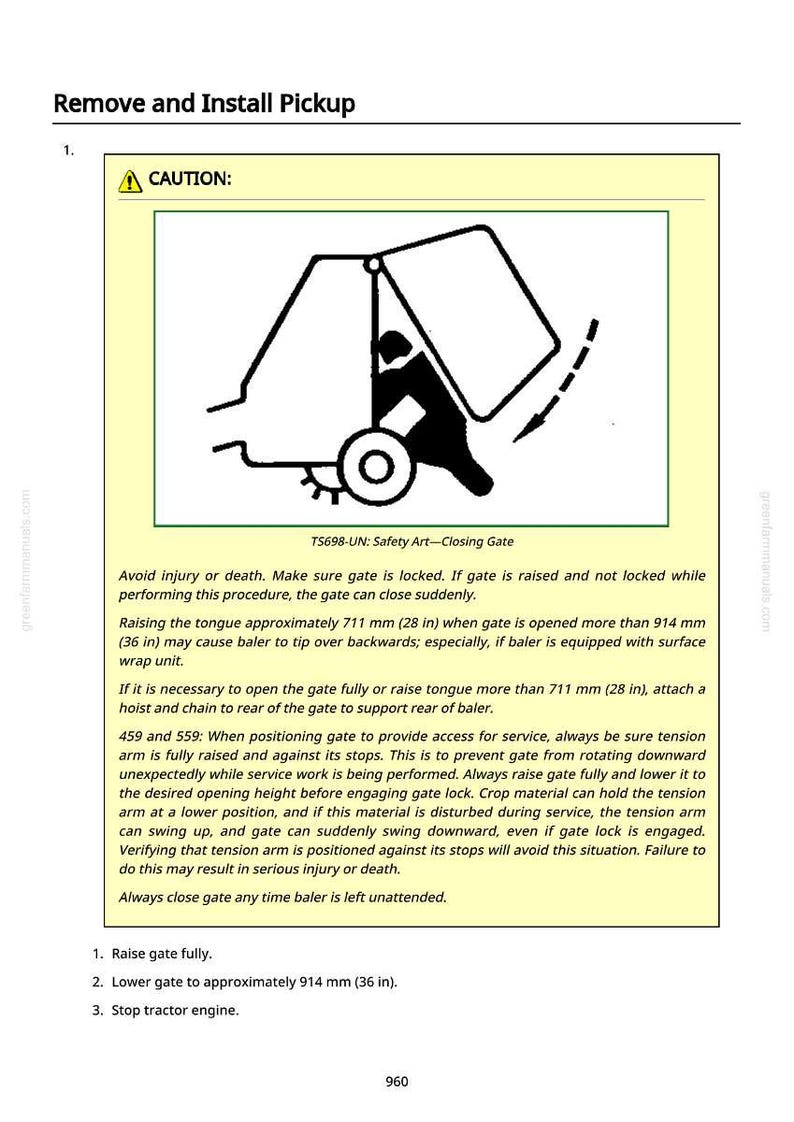 May include: Diagram from a manual showing safety instructions for a pickup mechanism. The image includes a warning symbol, a diagram of a closing gate, and text detailing safety precautions, including measurements in inches.