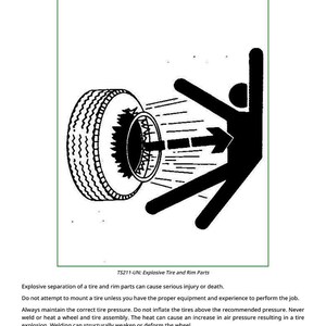 Puede incluir: Diagrama que ilustra la seguridad de los neum&aacute;ticos. Se muestra un conjunto de neum&aacute;tico y llanta con un gr&aacute;fico de explosi&oacute;n y una figura de palo. El texto dice "Service Tires Safely" y advierte sobre la separaci&oacute;n explosiva de los neum&aacute;ticos.