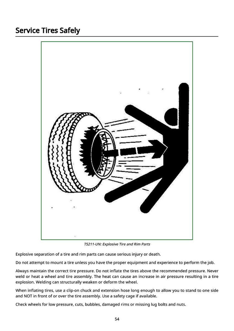 Puede incluir: Diagrama que ilustra la seguridad de los neum&aacute;ticos. Se muestra un conjunto de neum&aacute;tico y llanta con un gr&aacute;fico de explosi&oacute;n y una figura de palo. El texto dice "Service Tires Safely" y advierte sobre la separaci&oacute;n explosiva de los neum&aacute;ticos.