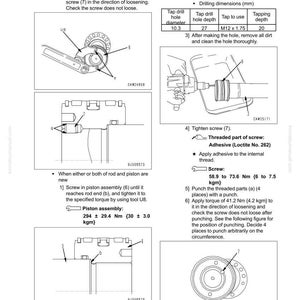 May include: Diagram from a hydraulic system manual showing disassembly and assembly instructions. Includes illustrations of components, torque specifications in Newton-meters and kilogram-meters, and drilling dimensions in millimeters.