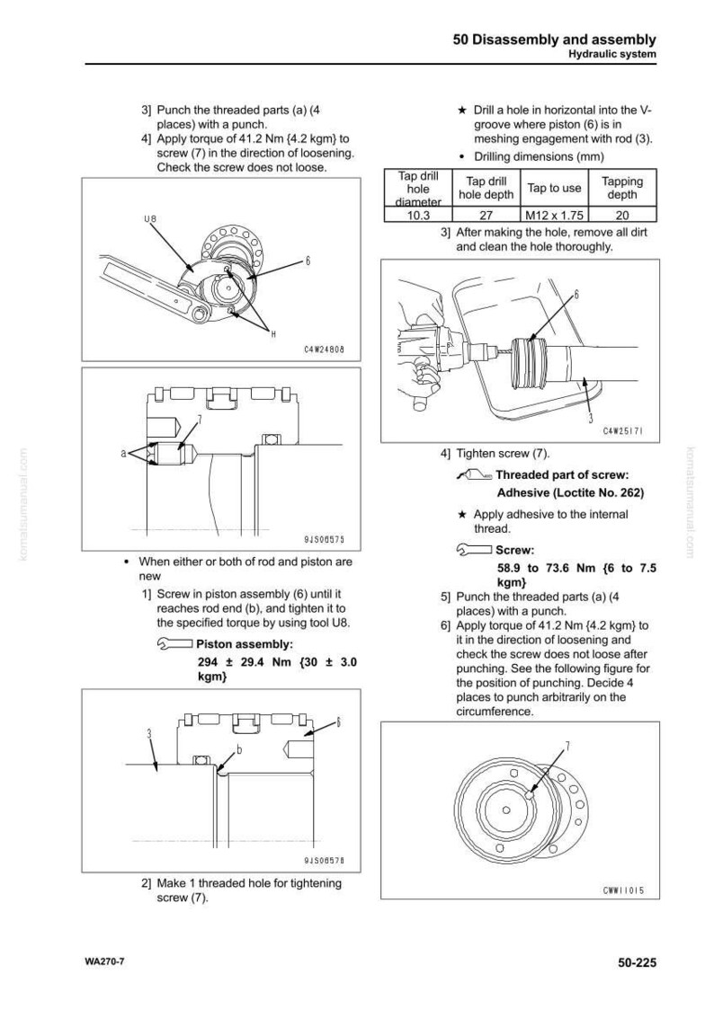 May include: Diagram from a hydraulic system manual showing disassembly and assembly instructions. Includes illustrations of components, torque specifications in Newton-meters and kilogram-meters, and drilling dimensions in millimeters.