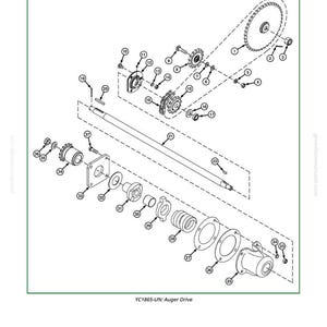 Op de afbeelding: Een explosietekening van een vijzelaandrijving, met diverse mechanische componenten. De afbeelding bevat tandwielen, lagers en een lange as, allemaal genummerd. De tekst "Auger Drive" staat bovenaan en "YC1865-UN: Auger Drive" onderaan.