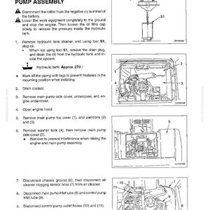 May include: Diagram from a manual detailing the disassembly and assembly of an engine's main pump. The image includes labeled diagrams of engine components and step-by-step instructions for removal and maintenance procedures.