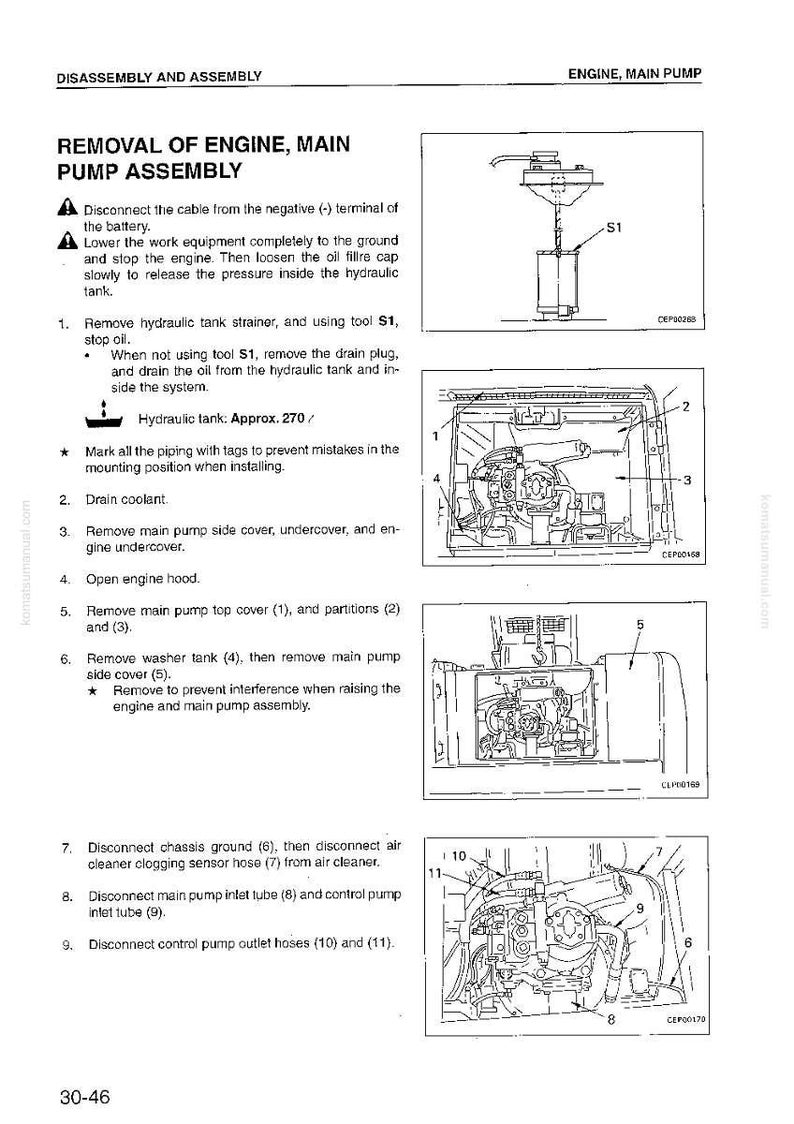 May include: Diagram from a manual detailing the disassembly and assembly of an engine's main pump. The image includes labeled diagrams of engine components and step-by-step instructions for removal and maintenance procedures.
