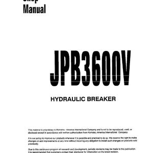 K&ouml;nnte beinhalten: Ein wei&szlig;es Shop Manual mit dem Text "JPB3600V HYDRAULIC BREAKER" in fetter schwarzer Schrift. Das Handbuch enth&auml;lt Text &uuml;ber Komatsu und seine Richtlinien. Das Dokument ist datiert auf Januar 2000.