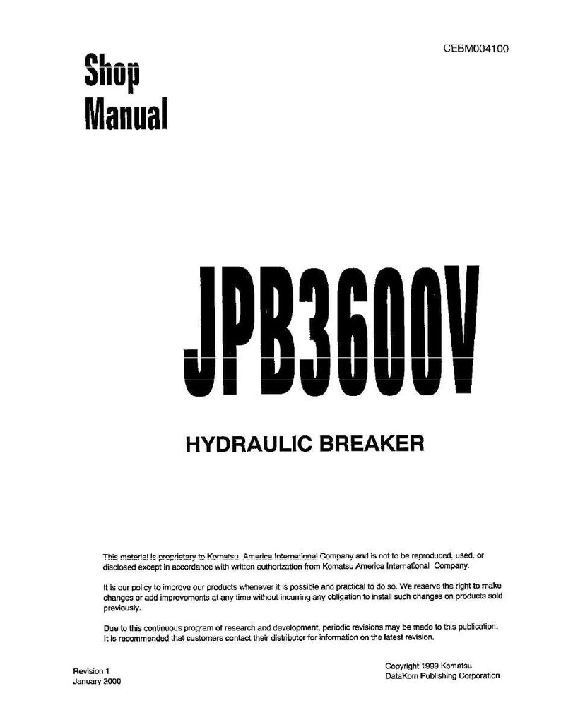 K&ouml;nnte beinhalten: Ein wei&szlig;es Shop Manual mit dem Text "JPB3600V HYDRAULIC BREAKER" in fetter schwarzer Schrift. Das Handbuch enth&auml;lt Text &uuml;ber Komatsu und seine Richtlinien. Das Dokument ist datiert auf Januar 2000.