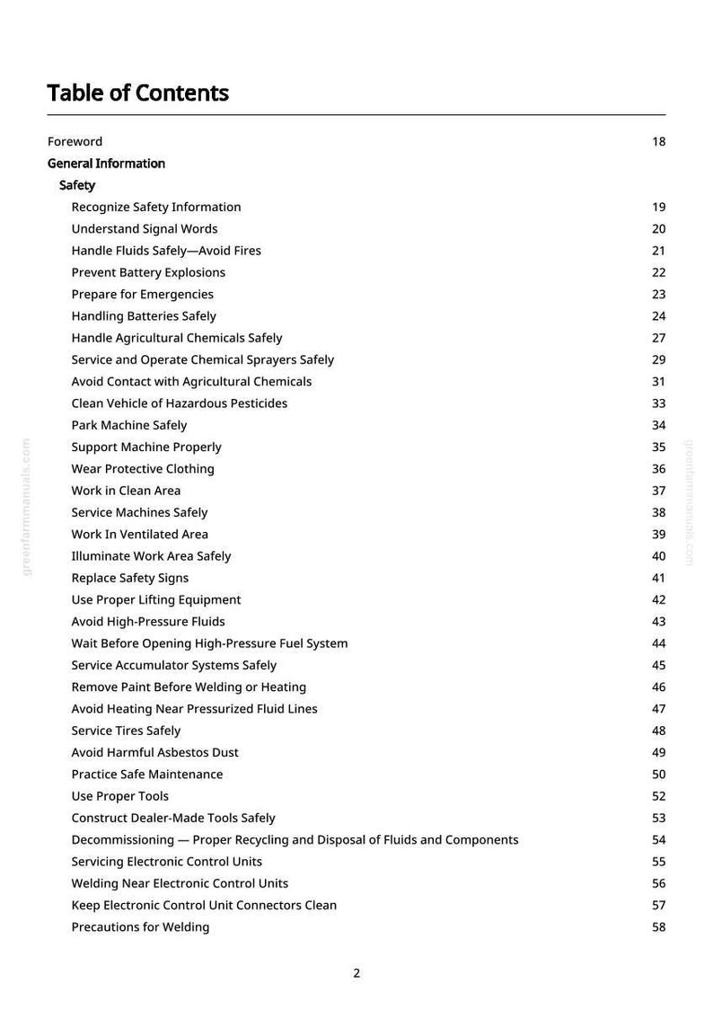 May include: A white page with a black table of contents. The table lists safety topics such as handling fluids, preventing explosions, and using tools safely. The page numbers are on the right.