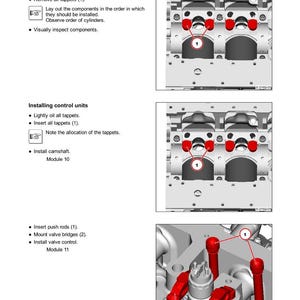 Op de afbeelding: Diagram van motoronderdelen met labels en instructies. De afbeelding toont gedetailleerde illustraties van motoronderdelen, waaronder klepstoters, stoterstangen en klepbruggen, met genummerde labels voor montage. Tekst omvat "Verwijderen van de nokkenas" en "Installeren van regeleenheden".