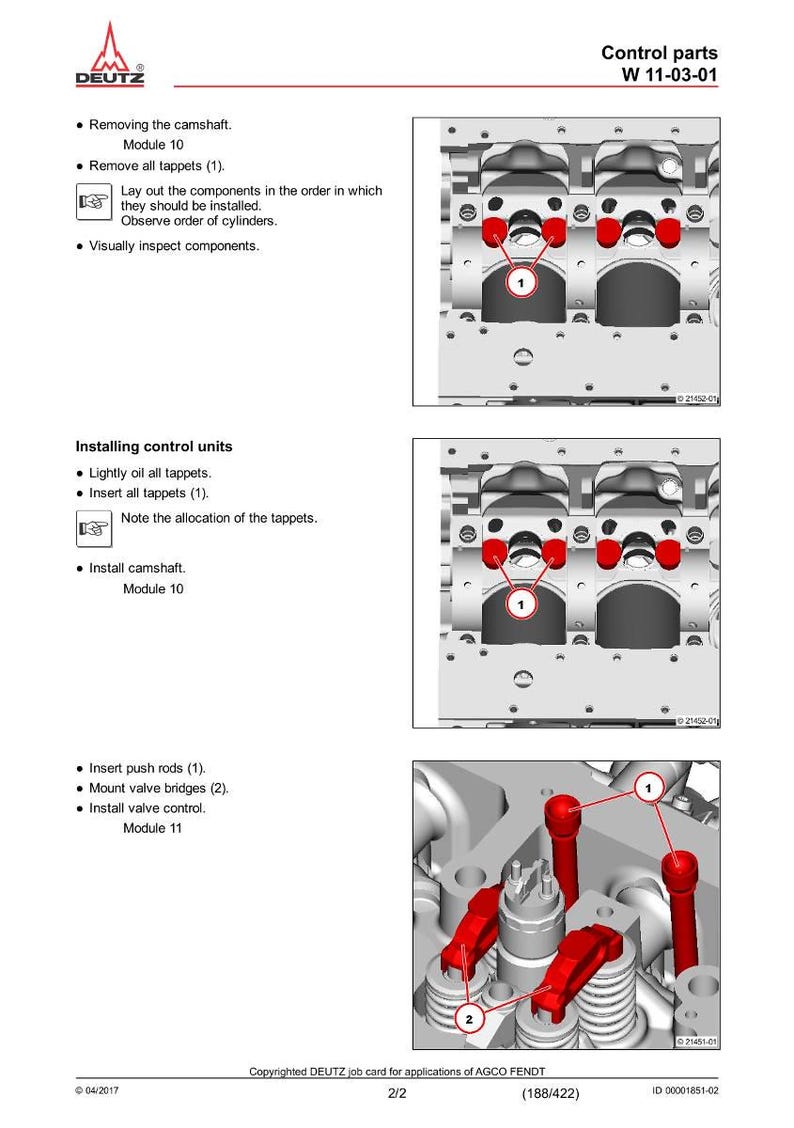 Op de afbeelding: Diagram van motoronderdelen met labels en instructies. De afbeelding toont gedetailleerde illustraties van motoronderdelen, waaronder klepstoters, stoterstangen en klepbruggen, met genummerde labels voor montage. Tekst omvat "Verwijderen van de nokkenas" en "Installeren van regeleenheden".