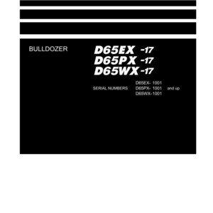 Puede incluir: Una portada de Manual de taller en blanco y negro con el logotipo de Komatsu. El manual enumera los modelos de excavadora "D65EX -17", "D65PX -17" y "D65WX -17". Tambi&eacute;n es visible el texto "BULLDOZER".