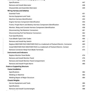 May include: A manual page with a table of contents detailing automotive repair topics. Sections include battery maintenance, wiring, and instrument panel components. Page numbers are visible.