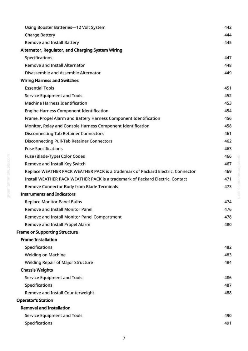 May include: A manual page with a table of contents detailing automotive repair topics. Sections include battery maintenance, wiring, and instrument panel components. Page numbers are visible.