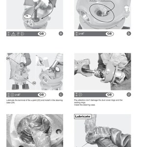 May include: Diagrams illustrating the assembly of a steering case, with text instructions and labels. The images show various steps, including lubrication and component installation, with the text "Press all the way down" and "Lubricate".