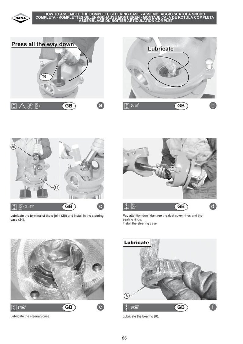 May include: Diagrams illustrating the assembly of a steering case, with text instructions and labels. The images show various steps, including lubrication and component installation, with the text "Press all the way down" and "Lubricate".