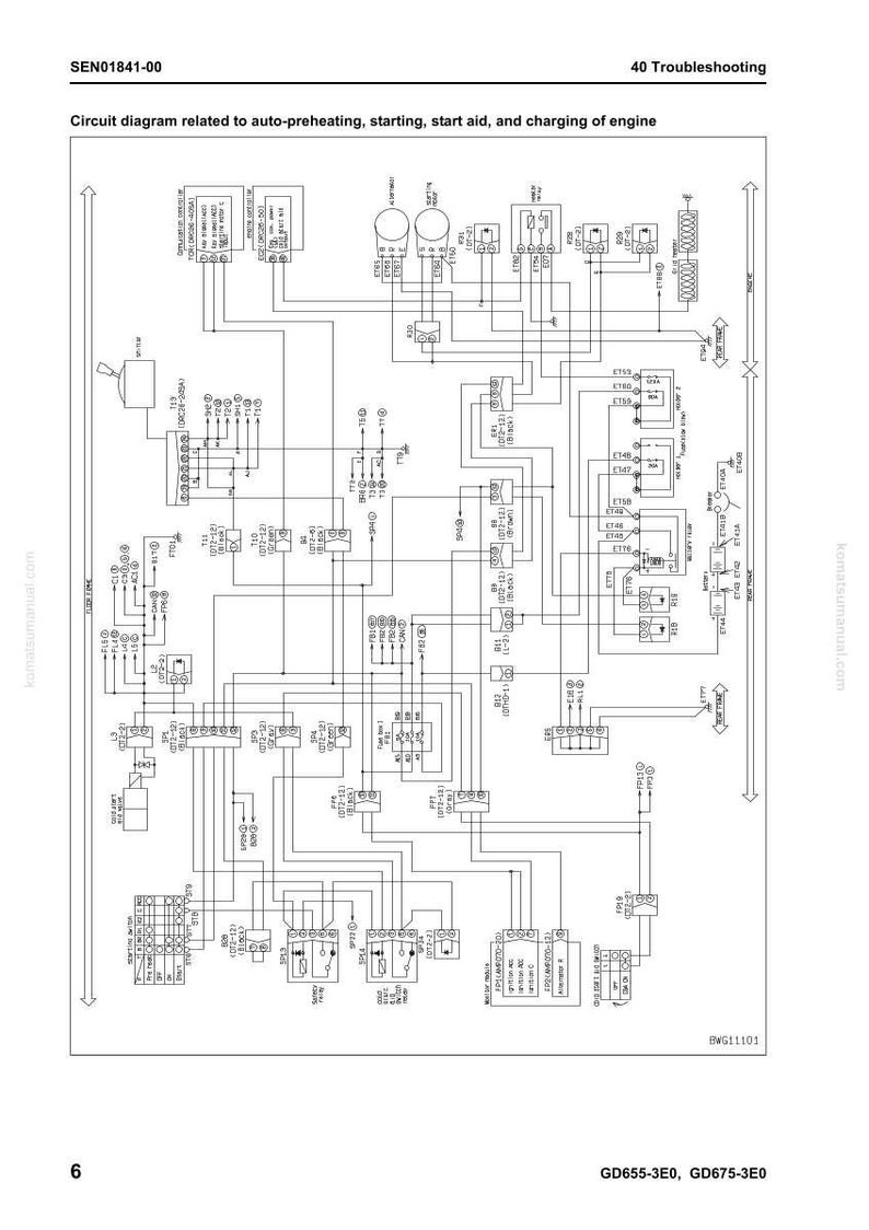 May include: A detailed circuit diagram related to auto-preheating, starting, start aid, and charging of an engine. The diagram includes various electrical components, labeled with text and symbols, connected by lines. The diagram is on a white background with text at the top and bottom.