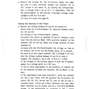May include: A technical document from Mannesmann Demag, detailing the pump regulation system. The text includes instructions for potentiometer testing, voltage measurements, and adjustments, with examples and diagrams. The document is in black and white.